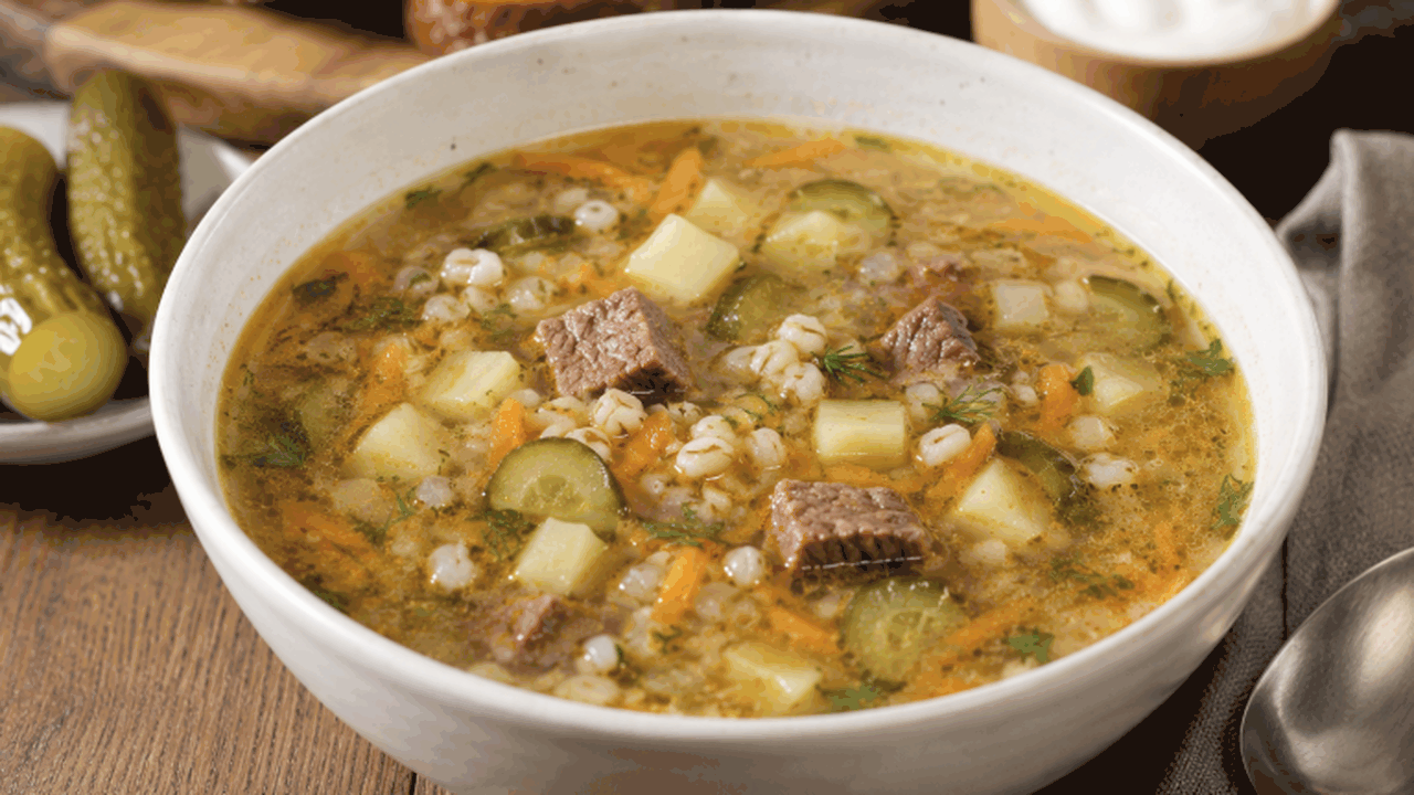 Ленинградский рассольник с перловкой и почками ...