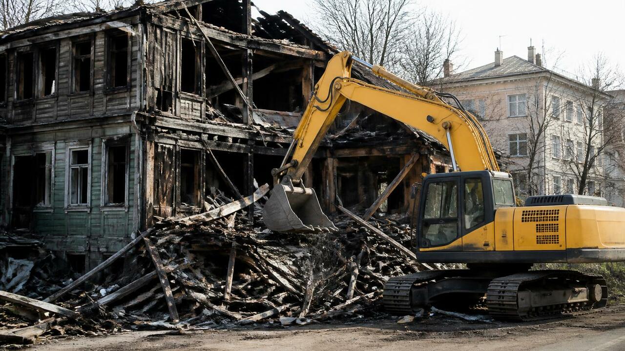 В Ижевске снесли сгоревший барак на Базисной, опасный для детей В Ижевске снесли сгоревший барак на улице Базис...